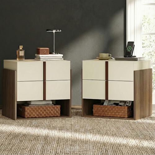 Mid-Century Modern Nightstands Set of 2 with Charging Station, MCM Walnut Bedside Tables with Drawer & Storage Shelf, Wood End Tables for Bedroom & Living Room FurniXpress