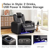 ANJ Power Recliner Home Theater Seating, PU Leather Electric Recliner Chair with Adjustable Headrest,Dual Motor Movie Reclining Chairs with Cup Holders LED Lights,USB Port,Hidden Arm Storage,Black