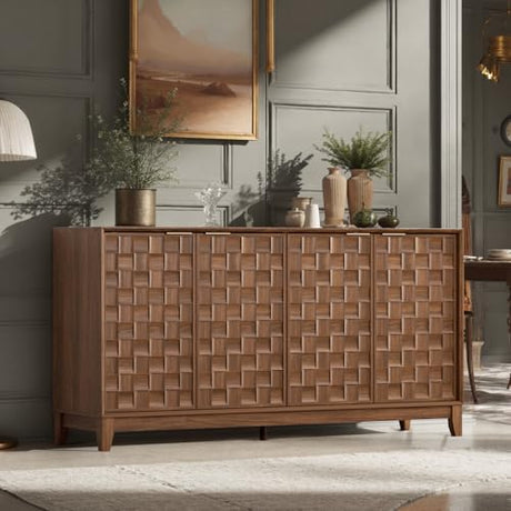 COLAMY Fluted Sideboard Cabinet with Storage – Solid Wood Buffet for Dining Room, Credenza Console with Adjustable Shelves, Walnut Finish, Mid Century Modern Style,Walnut Black COLAMY