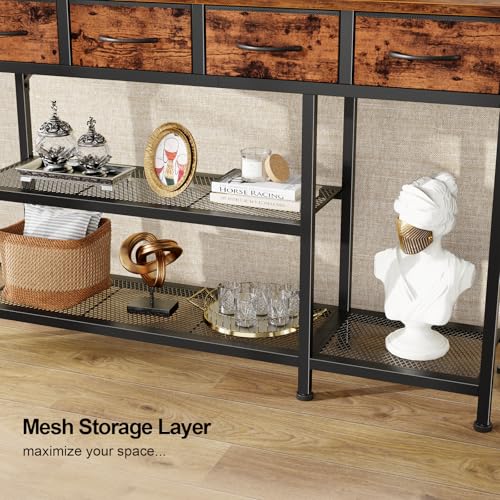 Furnulem Entryway Table 47'' Sofa Console Table with 4 Fabric Drawers, Industrial Entry Way Shoe Rack with Metal Mesh Shelf for Front Door, Foyer Wooden Top, Sturdy Metal Frame, Rustic Brown Furnulem