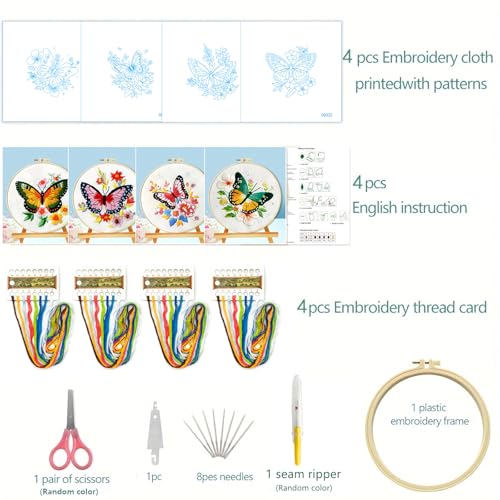 Zhenqing Butterfly Embroidery Kit 11.4x11.4 Inch - Complete Embroidery Set with Fabric, Threads, Needles & Hoop - Beginner-Friendly DIY Craft Kit for Adults (C0040)