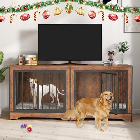 Rovibek 75" Dog Crate Furniture for 2 Dogs, Wooden Extra Large Double Dog Cage Furniture, Decorative Dog Kennels with Double Doors, Indoor Dog Crate TV Stand for Large Dogs, Brown Rovibek