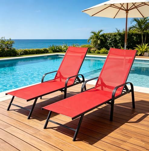 DUMOS Outdoor Lounge Chaise Set of 2 for Poolside Patio, 5-Position Aluminum Chaise with Armrest, Sun Tanning Chair 350 lbs Heavy Duty Patio Pool Chair, Waterproof Lounge for Deck,Backyard, Beach, Red