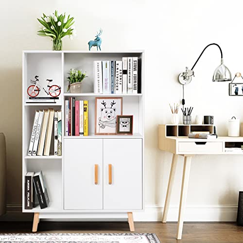 Giantex Storage Cabinet, Free Standing Pantry Cabinet with 2 Door Cabinet and 5 Shelves, Home Office Furniture Bookcase, Side Cabinet, Cupboard, Wood Cube Organizer (White) - WoodArtSupply