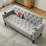 TYBOATLE 62" W Loveseat Sofa w/ 2 USB Charger Ports and 2 Cupholders, Mid-Century Modern Tufted Linen Fabric Small Love Seat Couches for Compact Living Room, Bedroom, Apartment, Dorm (Light Grey) TYBOATLE