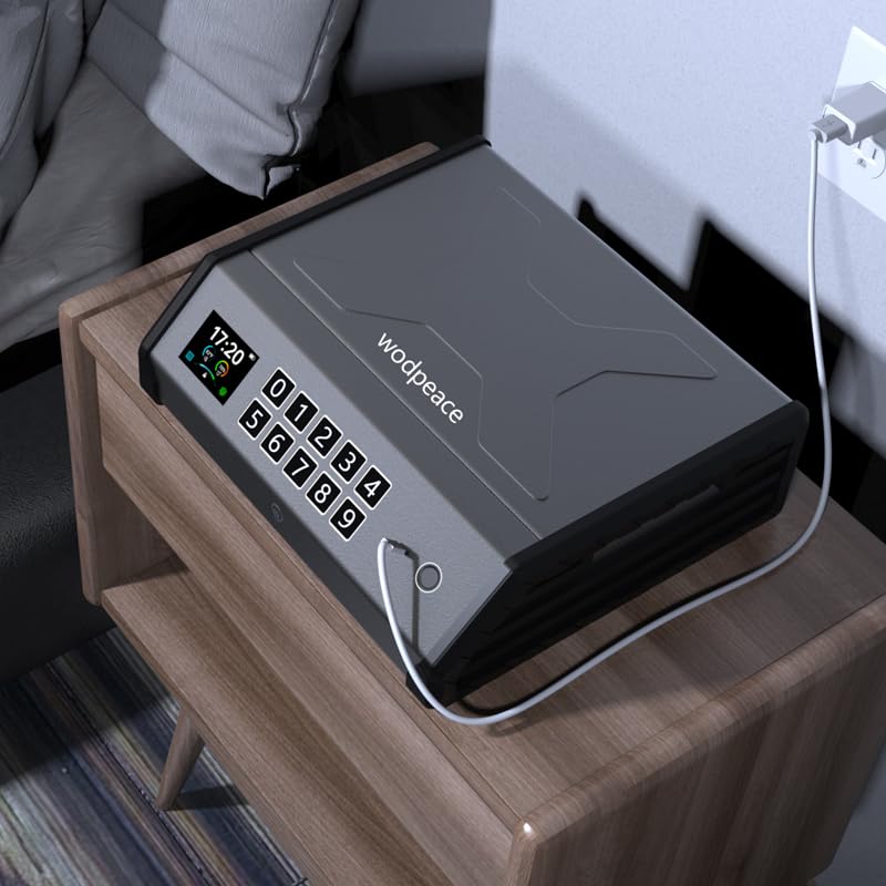WodPeace Gun Safe for Pistols,Biometric Gun Safe,Fast Access Handgun Lock with Internal Light, Multi-Info Display Screen,Silent Mode,Fingerprint/PIN Code/KEY,Smart Box for Bedside Nightstand Car wodpeace