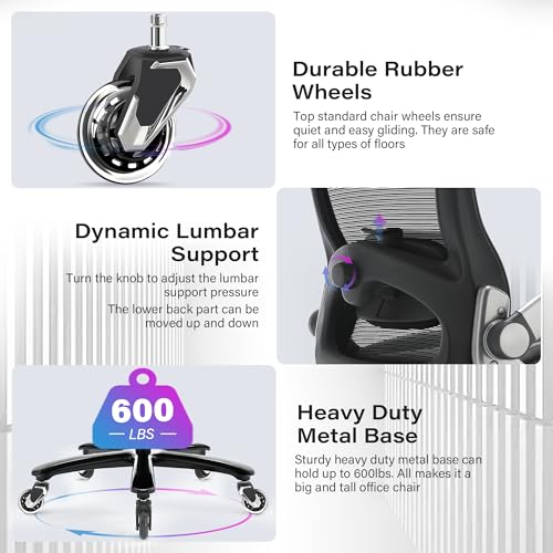 600lbs Big and Tall Office Chair- Heavy Duty Executive Computer Chair with 3D Flip Arms Large Wheels, Ergonomic Mesh High Back Desk Chair, Extra Wide Seat Adjustable Lumbar Support&Headrest Petheivun