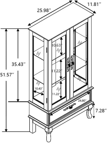 Firscook Curio Cabinet with Lighted,Tall Leg Glass Door Antique Cabinet with 1 Drawer, Curio Display Cabinet with Adjustable Glass Shelves,Corner China Cabinet for Living Room (White)