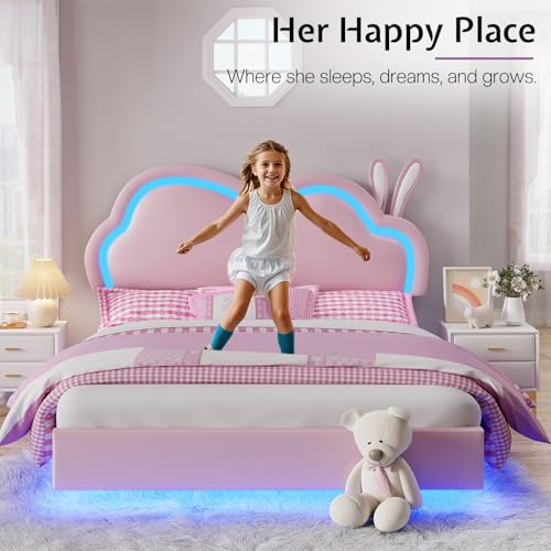 Jocisland LED Twin Bed Frame for Girls Upholstered Floating Bed with Cute Cloud Headboard, No Box Spring Needed, Leather, Pink Jocisland