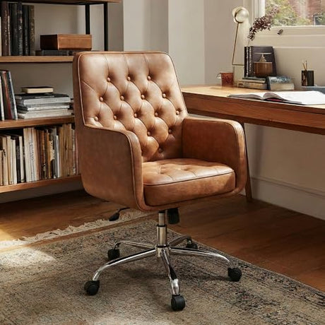 COLAMY Verso Home Desk Chair with Armrest, Leather Swivel Office Chair Adjustment Height with Wheels,Comfortable Padded Seat, Brown COLAMY