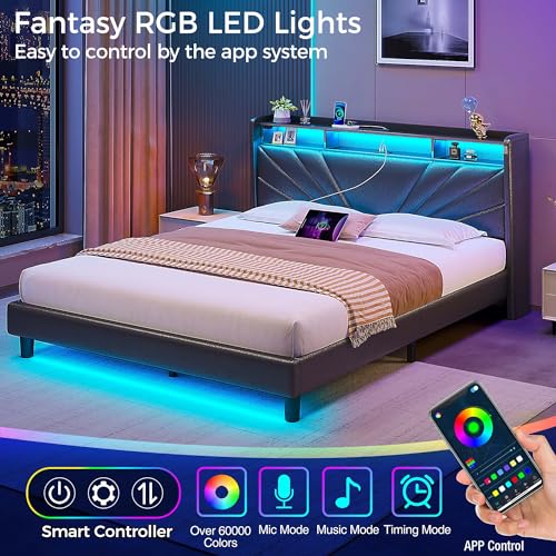Rolanstar Full Size Bed Frame, Storage Headboard with Charging Station and LED Lights, Upholstered Bed with Heavy Duty Wood Slats, No Box Spring Needed, Noise Free, Easy Assembly, Black Rolanstar