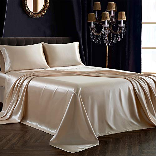 SiinvdaBZX 4Pcs Satin Sheet Set Full Size Ultra Silky Soft Beige Satin Full Bed Sheets with Deep Pocket, 1 Fitted Sheet, 1 Flat Sheet, 2 Envelope Closure Pillowcases SiinvdaBZX