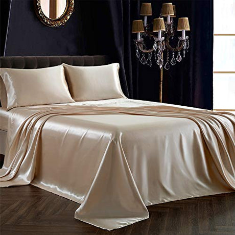 SiinvdaBZX 4Pcs Satin Sheet Set Full Size Ultra Silky Soft Beige Satin Full Bed Sheets with Deep Pocket, 1 Fitted Sheet, 1 Flat Sheet, 2 Envelope Closure Pillowcases SiinvdaBZX