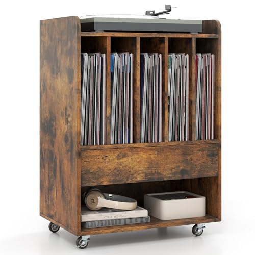 LOKO Record Player Stand On Wheels, Rolling Turntable Stand with 5 Compartments, Drawer & Open Shelf, Vinyl Display Shelf Storage Cabinet for Living Room, Bedroom, Study (Rustic Brown, 21" x 14") LOKO