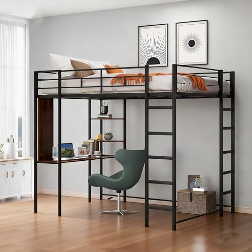Bellemave Full Size Loft Bed with Desk and 2 Shelves, Metal Loft Bed Frame with 2 Ladders and Guardrails for Kids Teens (Black/Full) Bellemave