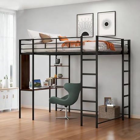 Bellemave Full Size Loft Bed with Desk and 2 Shelves, Metal Loft Bed Frame with 2 Ladders and Guardrails for Kids Teens (Black/Full) Bellemave
