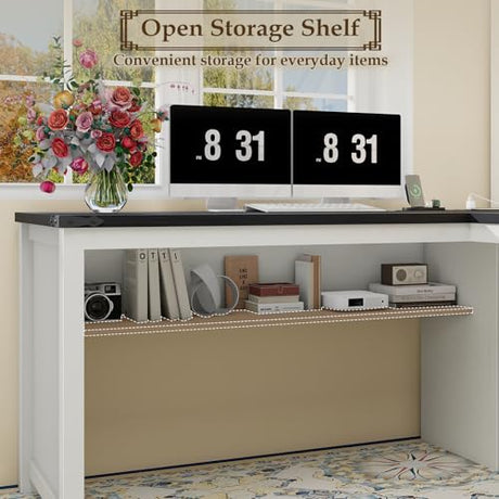 Halitaa Farmhouse L Shaped Executive Desk with Drawers and Storage Shelf, Corner Standing Desk with Charging Station L-Shaped Executive Desks for for Home Office, Study, Bedroom Halitaa
