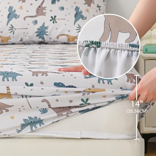 Vinogusto Twin Size Bed Sheets for Boys Kids - 3-Piece Jurassic Dinosaur Bedding Set, Breathable Light Grey Dino 3D Fitted Sheets with 14" Deep Pocket, Ultra-Soft Lightweight Bedroom Essentials Vinogusto
