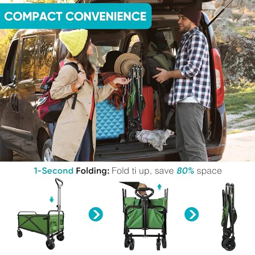 Collapsible Foldable Wagon, Beach Cart Large Capacity, Heavy Duty Folding Wagon Portable, for Outdoor Sports, Shopping, Camping, Green - WoodArtSupply