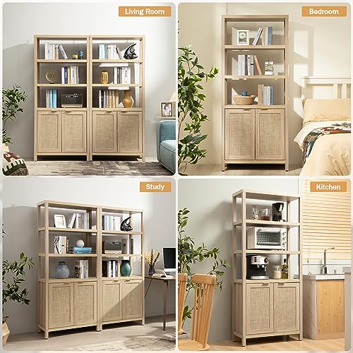 SICOTAS 5-Tier Rattan Boho Bookshelf with Doors - Tall Farmhouse Storage Bookcase for Living Room, Bedroom, and Office - WoodArtSupply