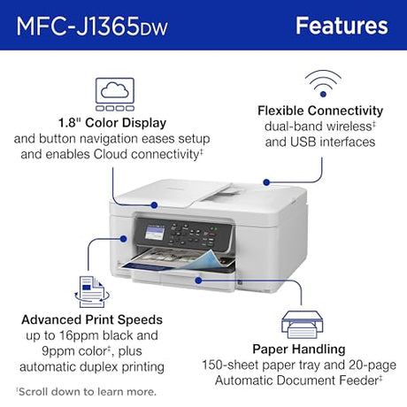 Brother INKvestment 1365 Wireless Color Inkjet All-in-One Printer with Automatic Duplex Printing and 1.8” Color Display | Includes Refresh Subscription Trial(1) (MFC-J1365DW) Brother