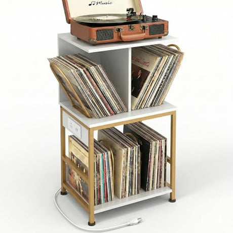 ZEXVIDA Record Player Stand with Vinyl Storage, Large Record Table Holds 180 Albums, Vinyl Record Storage Stand with USB Charger, Multi-Functional Side Table & Shelf for Living Room Bedroom ZEXVIDA