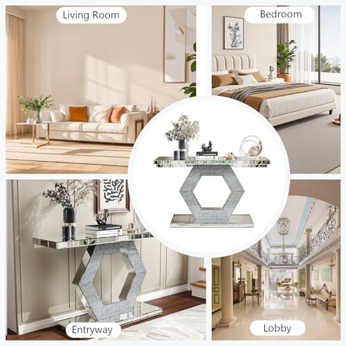 Mcltopz 55" Silver Mirrored Console Table, Rectangle Sofa Table with Sparkling Crystal Hexagon Base, Modern Luxury Mirrored Furniture with with Diamond Glass Effects for Entryway Hallway Entrance Mcltopz