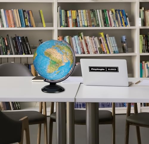 Replogle Ready to Assemble World 12" Diameter Globe, USA Cartography, Modern Acrylic Globe Stand and Blue Ocean Globe Ball. Easy to assemble globe that shows both Political and Vegatative information including political borders and provincial borders, maj Replogle