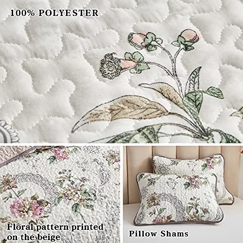 Flysheep 3 Pieces Quilt Set Full/Queen Size, Beige Floral Reversible Bedspread Coverlet Set, Soft Microfiber Lightweight Bed Cover for All Season (90" x 90", 1 Quilt+ 2 Pillow Shams) Flysheep