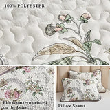 Flysheep 3 Pieces Quilt Set Full/Queen Size, Beige Floral Reversible Bedspread Coverlet Set, Soft Microfiber Lightweight Bed Cover for All Season (90" x 90", 1 Quilt+ 2 Pillow Shams) Flysheep