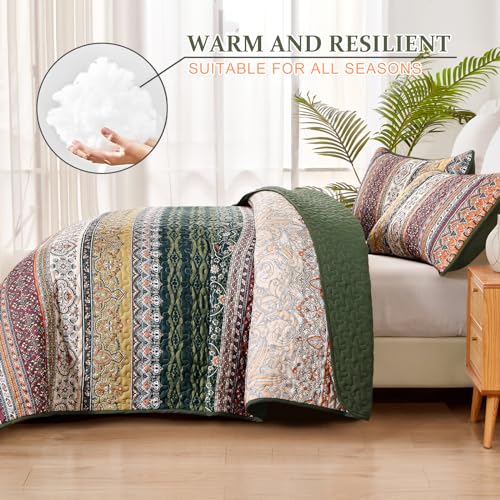 WONGS BEDDING Boho King Quilt Set, Green and Orange Bohemian Quilt Bedding Set, Fall Lightweight Bed Decor Bedspread for All Season Reversible Microfiber Coverlet Bedding Set 103"x90"(3 Pieces) WONGS BEDDING