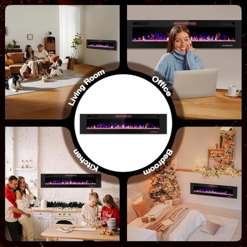 ZAFRO 50" Electric Fireplace with Remote Ultra-Thin & Quiet Wall-Mounted Recessed Heater, Adjustable 12-Color Flame, Brightness & Speed ZAFRO