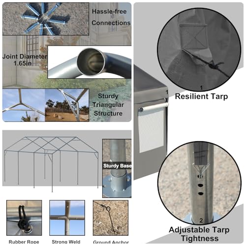 Trygoal 10x20 FT Heavy Duty Carport, Outdoor Storage Shed Tent with Removable Sidewalls & Roll-Up Ventilated Windows, All-Season Portable Garage Shelter with Rubber Ropes & Ground Anchors, Grey Trygoal