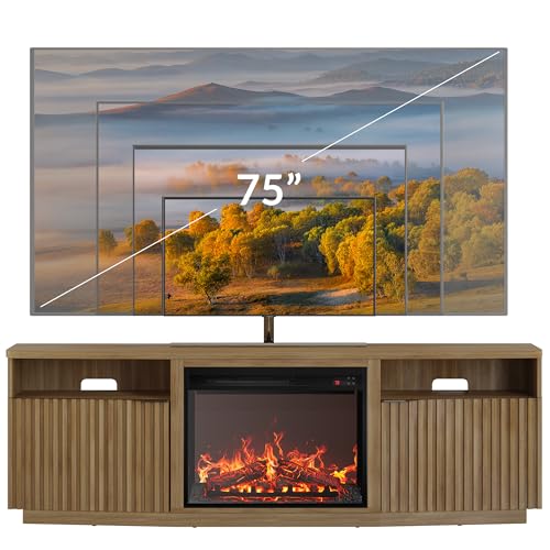 BELLEZE Fluted TV Stand with 23" Electric Fireplace Heater with Sound, 68" Entertainment Center for TV Up to 75", Media Console Table with Cable Management for Living Room, Bedroom - Camel BELLEZE