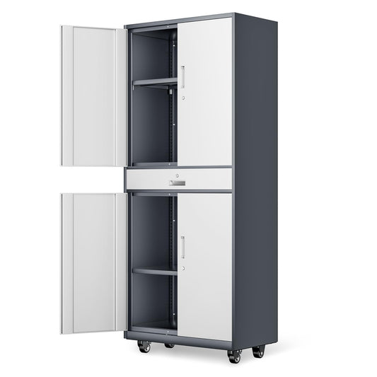 DNA MOTORING Metal Storage Cabinet, 73'' Rolling Garage Cabinet with 1 Drawer and Adjustable Shelves, Lockable Cabinet Heavy Duty Utility Cabinet for Garage,Office,Home,Gray White, TOOLS-00630-GY-WH