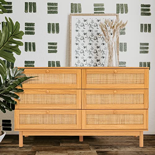 DHMAKER 6 Drawer Rattan Dresser, 48" Modern Double Dresser for Bedroom, Wide Chest of Drawers, Wood Storage Cabinet for Bedroom, Entryway, Living Room, Hallway DHMAKER