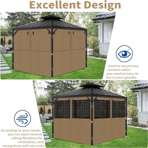 Gazebo Privacy Curtains 10' x 12' with Mosquito Windows, 4-Panels Side Wall with Zipper Universal Replacement for Patio, Outdoor Canopy, Garden and Backyard, Khaki (Curtain Only) - WoodArtSupply