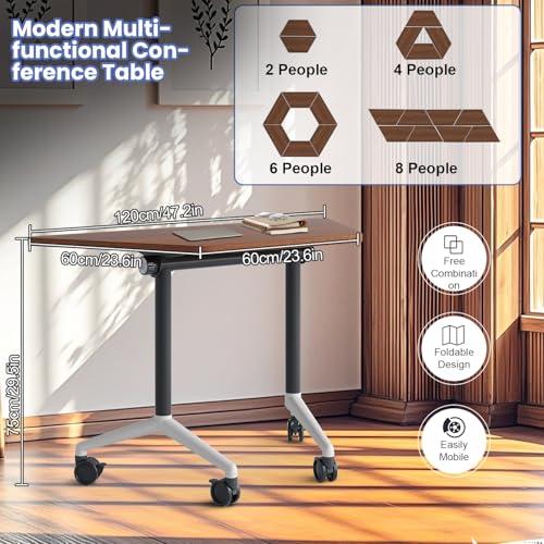 Folding Walnut Trapezoid Conference Tables,47.2" Modern Modular Conference Room Tablesfor 10 People,Mobile Training Table with Wheels,Flip Top Rolling Seminar Meeting Table (8 Pack) FERYSUN