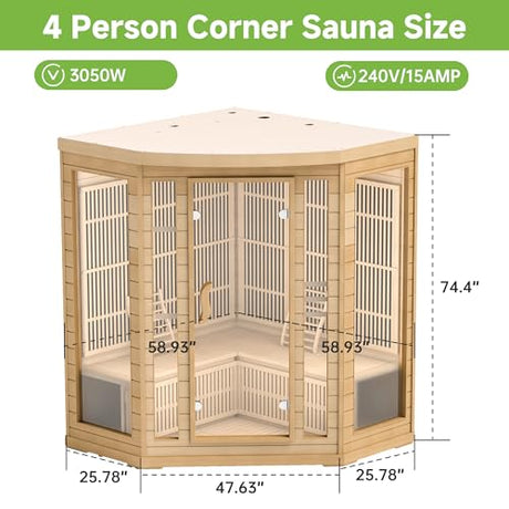 RESTISLAND Infrared Sauna Room for Home, 4 Person Indoor Home Sauna Spa, Far Infrared Canadian Wooden Corner Saunas with 10 Low Emf Heaters, Bluetooth Speakers, 7 Color Chromotherapy Lights RESTISLAND