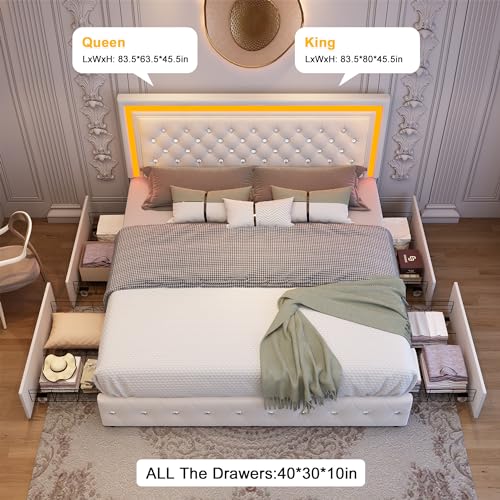 Cream Velvet Queen LED Bed Frame with 4 Storage Drawers and Adjustable Headboard Generic