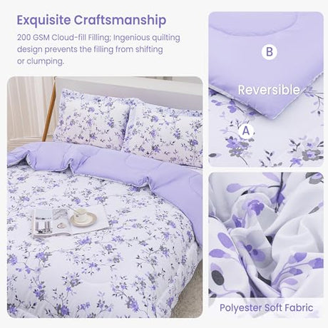 Mooreeke Floral Twin Size Comforter Sets, Lightweight Purple Lavender Botanical Printed Bedding for All Seasons, 2-Piece Vintage Bed in a Bag with Fluffy Quilted Reversible Comforter & Pillow Sham Mooreeke