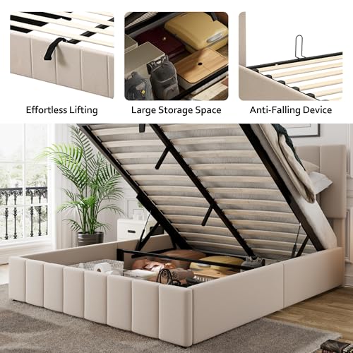 Gas Lift Up Storage Platform Bed, Upholstered Bed Frame with Hydraulic Storage System and Wooden Slat Support, Queen Size, Beige Merax