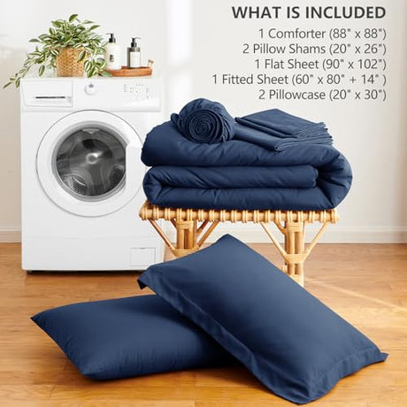 HIMEET Queen Comforter Set - 7 Pieces Bed in a Bag Queen Size, Luxury Comforter Set with Sheets for All Season, Bed Set with Comforter, Flat Sheet, Fitted Sheet, Pillowcases & Shams, Navy Blue HIMEET