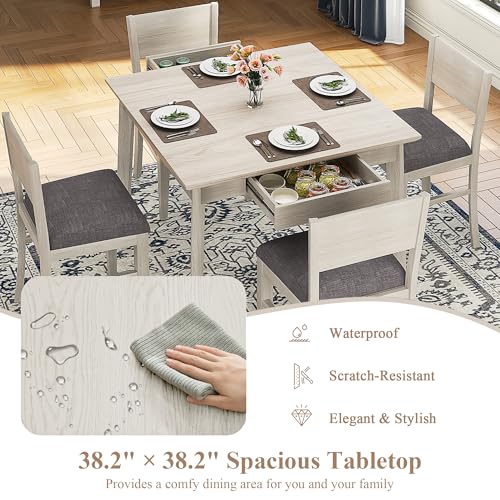 VECELO 5-Piece Square Dining Table Set for 4, 38.2'' Solid Wood Kitchen Table with 4 Upholstered Chairs & 2 Drawers for Dining Room, Kitchen, Small Space, Washed Gray VECELO