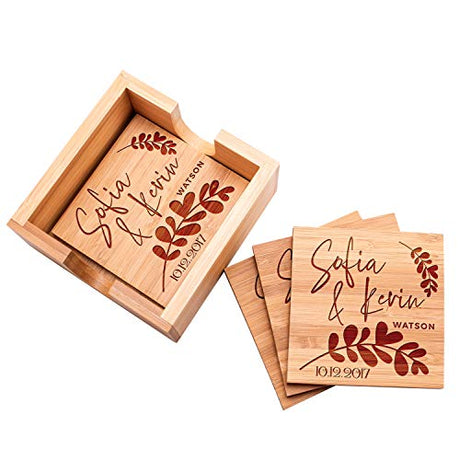 Personalized Coasters, Set of 4 w/Holder - Custom Bamboo Coaster for Drinks - 14 Designs - 4" x 4" - Wedding Gifts for The Couples, Bridal Shower Gifts, Coaster Set with Holder Be Burgundy