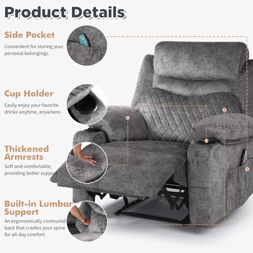 linting Overstuffed Massage Recliner Chair with Heat, Wide Seat Reclining Chair for Home Theater, Heated Massaging Manual Recliner Chairs with Cup Holders, Grey
