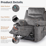 linting Overstuffed Massage Recliner Chair with Heat, Wide Seat Reclining Chair for Home Theater, Heated Massaging Manual Recliner Chairs with Cup Holders, Grey