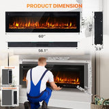 OneBlis 60” Smart Electric Fireplace Heater, Wide Recessed/Wall Mounted Electric Fireplace, Remote Control with Timer, 12 Adjustable Color Flame, Log Set & with Crystal Stone, 750/1500W OneBlis