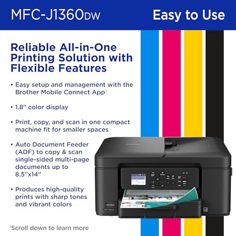 Brother Work Smart 1360 Wireless Color Inkjet All-in-One Printer with Automatic Duplex Printing and 1.8” Color Display | Includes Refresh Subscription Trial(1) (MFC-J1360DW) (Uses LC501 Series Inks) Brother