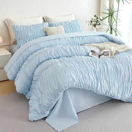 PERFEMET Twin Size Bed in a Bag Light Blue 5 Pieces Fluffy Boho Ruched Comforter with Sheets Luxury Soft Pleated Texture Bedding Comforter Set All Season Lightweight Vintage Ruffle Bed Sets, 68"x90" PERFEMET